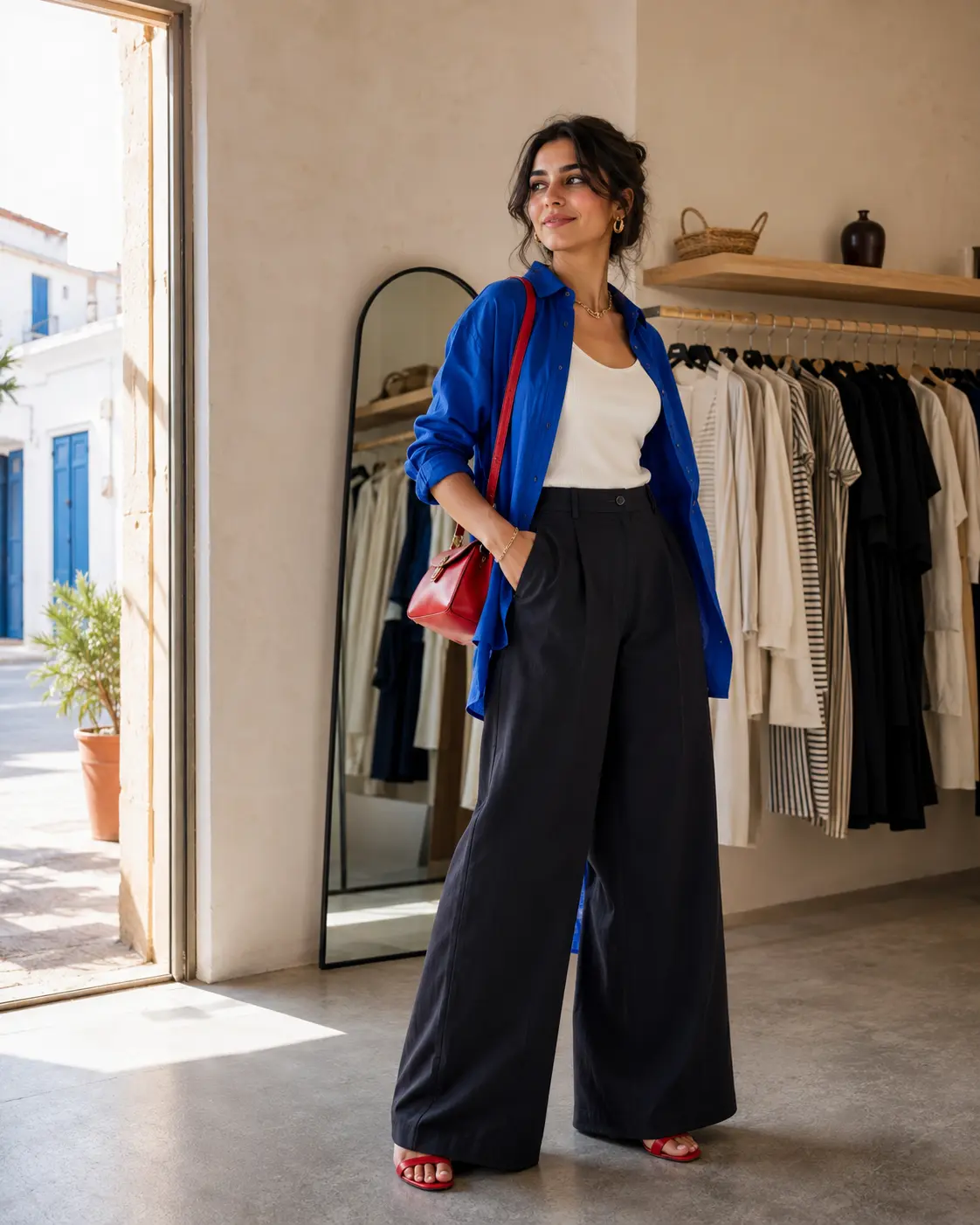 Visuel éditorial de démonstration : look cobalt, ivoire et noir dans une boutique lumineuse.