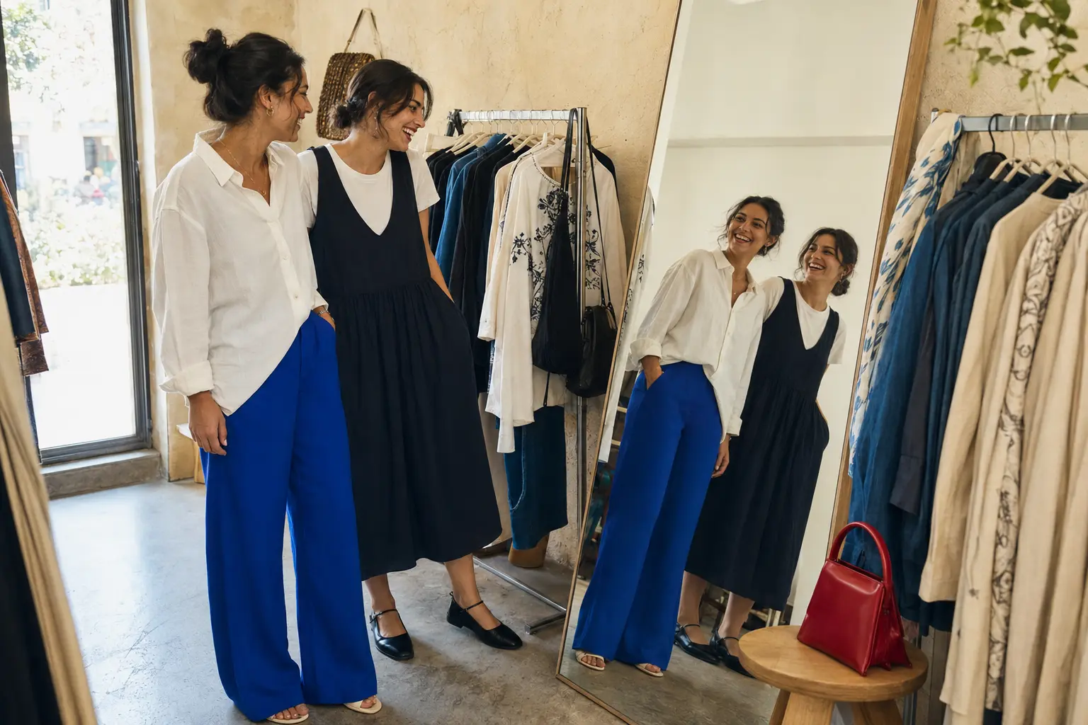 Visuel de démonstration de deux femmes comparant des looks devant un miroir de boutique.