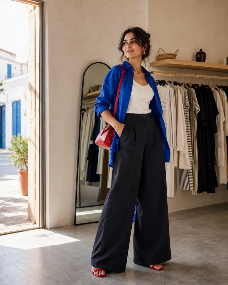 Visuel éditorial de démonstration d’une femme portant un look cobalt en boutique.