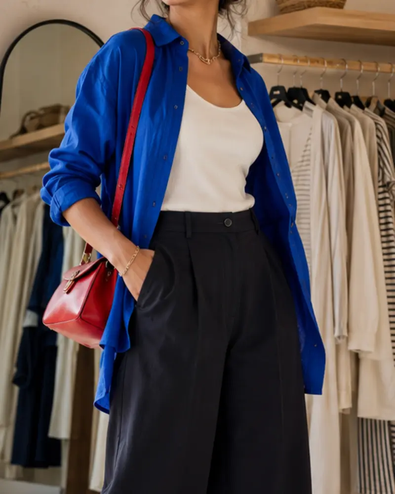 Visuel démo d’un look avec sac rouge.